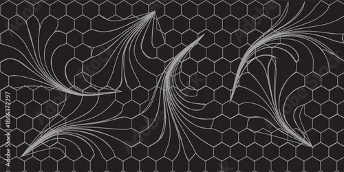 Dark grey abstract wide horizontal banner with hexagon carbon fiber grid and orange luminous lines. Technology vector background with orange neon lines