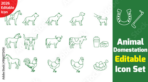 Animal domestication evolution line icons showing wild to domestic stages, clean educational outline style, white background vector