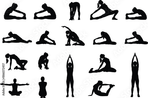 Stretching silhouette, yoga poses, flexibility exercise, body movement, wellness routine, black illustration, physical therapy, fitness grid, posture variety, calm energy
