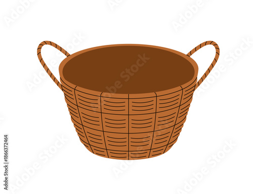 Wicker basket with two handles. Woven storage container accessory from natural rattan. Wickerwork for home interior organization in rustic style. Flat vector illustration isolated on white background.