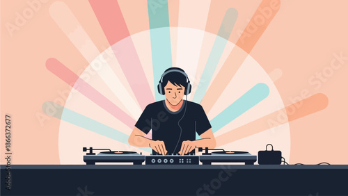 A sleek flat design vector illustration depicting a DJ actively performing on a stage, surrounded by vibrant light effects, embodying the modern festival experience.