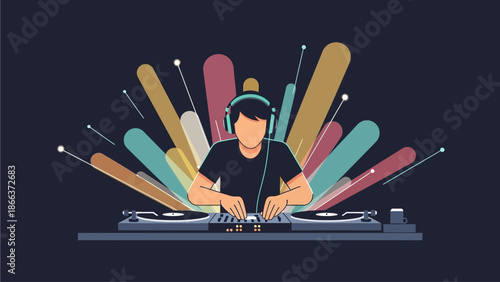 A sleek flat design vector illustration depicting a DJ actively performing on a stage, surrounded by vibrant light effects, embodying the modern festival experience.