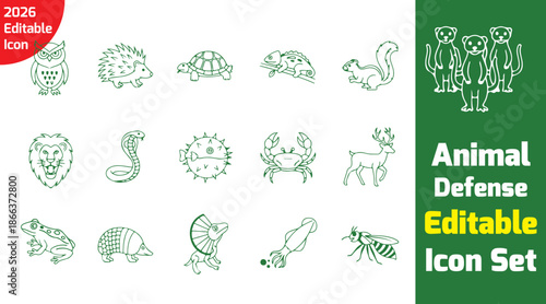Animal defense and warning behavior line icons representing threat, protection, camouflage, spikes, shells, and warning poses, white background vector