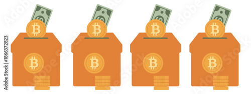 Bitcoin Donation Box Illustration, Cash and Cryptocurrency Coins Display, Digital Finance Payments, Investment Savings, Money Contribution Vector Artwork.
