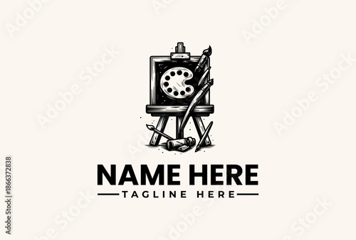 A black and white illustration of a logo featuring a clock on an easel with art supplies on a clean background with space for a name and tagline.