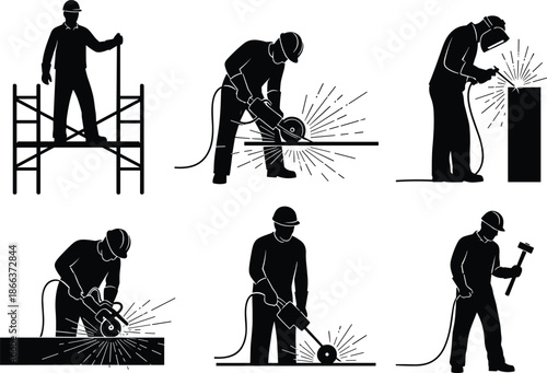 Industrial worker silhouettes welding and cutting metal on scaffolding, construction safety procedures, professional labor tasks, black vector illustration set collection