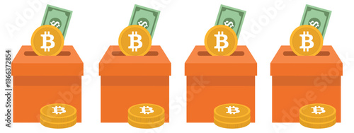 Bitcoin Donation Box Illustration, Cash and Cryptocurrency Coins Display, Digital Finance Payments, Investment Savings, Money Contribution Vector Artwork.