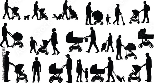 Stroller silhouettes, family walking, parenting scene, caregiver moments, outdoor activity, children, pets, bags, diverse poses, black and white, urban life