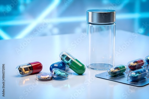 Futuristic smart pills with embedded microchips and glowing circuits next to an empty glass jar and blister pack on a glossy lab table, symbolizing digital medicine and advanced healthcare technology.