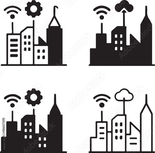 Isolated Smart City Silhouette, Smart City Skyline, Smart City Technology, Smart City Skyline, Modern Smart City, Technology Icons, Minimal Vector, Black Silhouette, Smart City Design