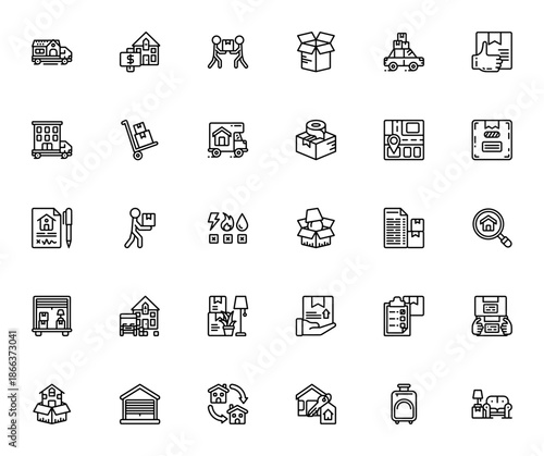 Moving and relocation icon set. Minimal vector icons pack. Includes symbols for moving truck, boxes, packing, checklist, contract, furniture and more. Editable stroke.