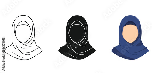 Hijabs Vector Set in Three Styles — Line Art, Silhouette and Color Version for Islamic Design, App UI, Posters and Branding
