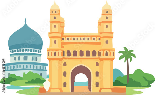A flat cartoon illustration of the Gateway of India with nearby historic architecture, palm trees, and greenery in a simplified travel-style scene.