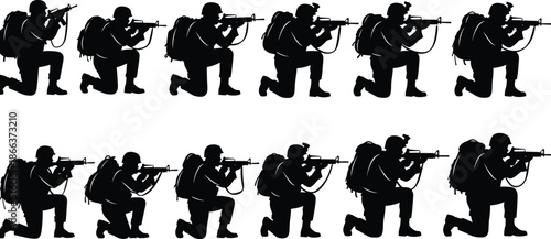 Kneeling soldier silhouettes aiming rifles, military infantry combat poses sequence, modern army tactical training concept, black vector illustration isolated