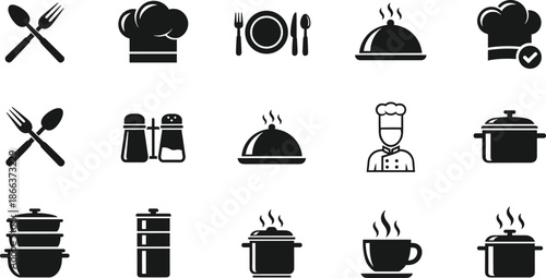 Kitchen cooking icons set, restaurant utensils cookware chef tools food service symbols, minimal black solid vector illustration for menu branding apps