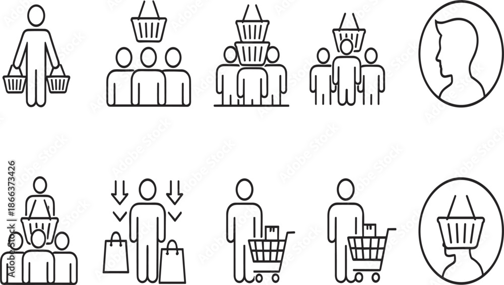 Fototapeta premium Consumer Behavior and Retail Shopping Icon Set with Customers, Shopping Baskets, and Cart Symbols.