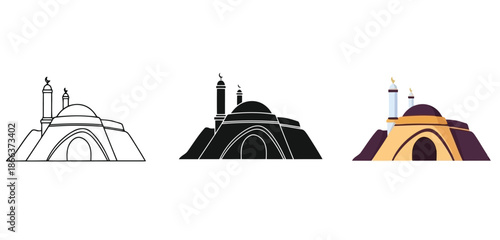 Mosque Icons Vector Set in Three Styles — Line Art, Silhouette and Color Version for Islamic Design, App UI, Posters and Branding