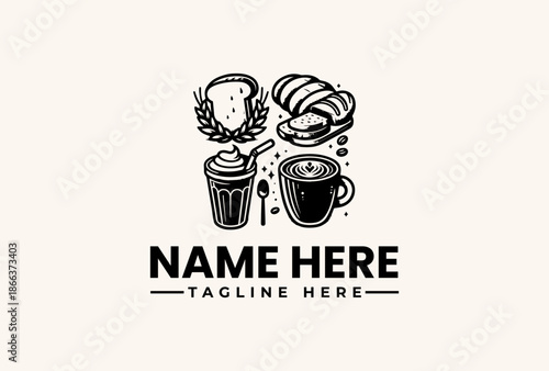 Black and white illustration of a coffee cup, croissant, and pastry with a wheat stalk on a clean white background, featuring a logo template with placeholder text.