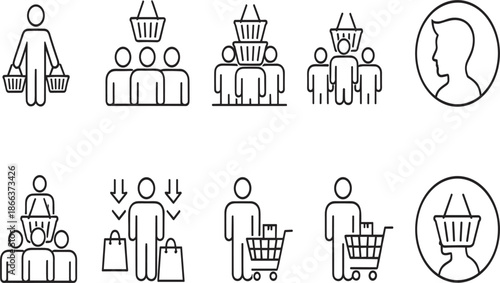 Consumer Behavior and Retail Shopping Icon Set with Customers, Shopping Baskets, and Cart Symbols.