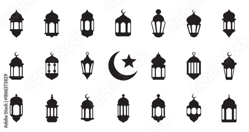 Set of black silhouette icons for islamic lanterns crescent moon star and other religious elements
