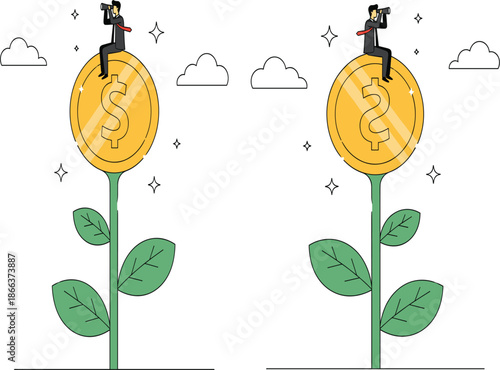 Visionary Business Growth Concept with Businessman Sitting on Giant Growing Dollar Coin Plant.