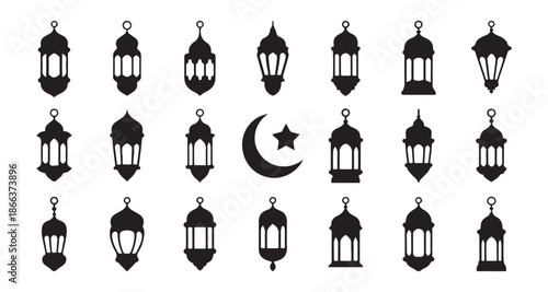 Set of black arabic lantern silhouettes with crescent moon and star icons isolated on white backdrop