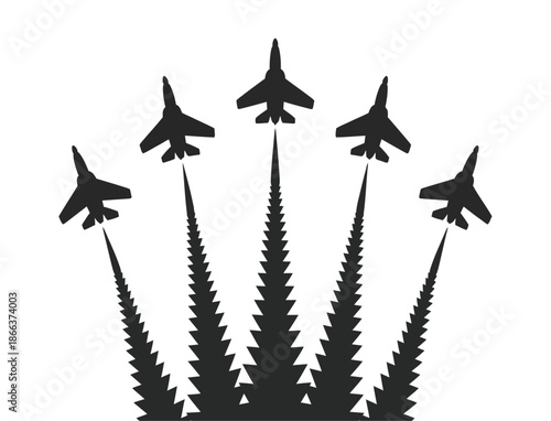 Fighter Jets Formation Soaring Through Sky, Five Modern Aircraft Leaving White Smoke Trails, Powerful Aerial Display on White Background.