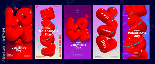 A vibrant set of Valentine's Day sale posters featuring bold red 3D letters and heart shapes against colorful backgrounds. Perfect for promoting holiday sales and events with a modern