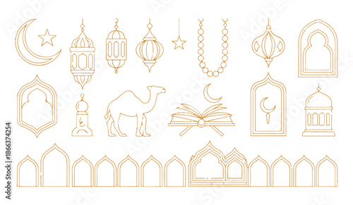 Set of golden line art icons representing islam culture and ramadan greeting elements