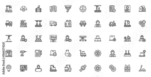 Factory icon set. Industrial vector icons pack. Includes mechanical arm, worker, gear, forklift, warehouse, tools, machinery and more. Editable stroke illustration.
