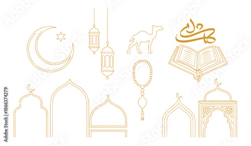 Golden collection of ramadan and eid celebration symbols including mosque arch camel lantern and quran