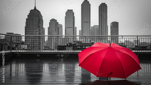 Red umbrella on wet wooden deck overlooking grayscale city skyline