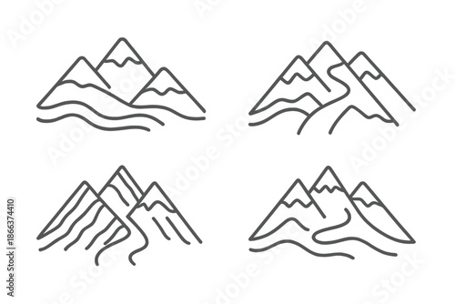 Linguistic Mountain Icons. Line style icons of mountain range language rules: layered peaks, syntax path, structured ridge, text