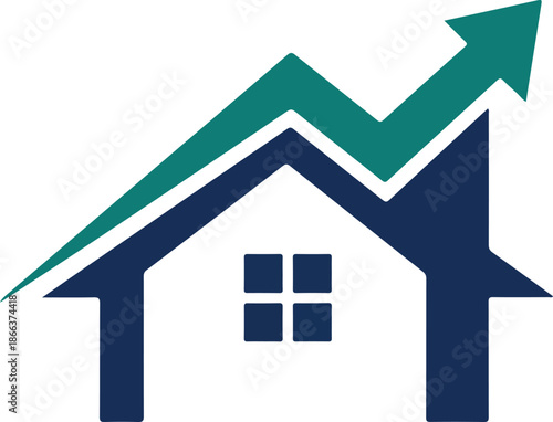 Flat vector house icon with upward graph representing real estate growth, property investment, housing market, financial progress and business development concepts.