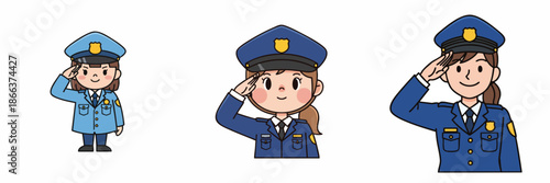 Cute Cartoon Style Policewoman Character Saluting in Uniform Illustration Set
