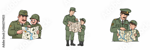 Cute Cartoon Style Military Father and Son Read The Map Illustration