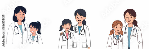 Simple Line Art Doctor with Child Patient Illustration Profession Concept