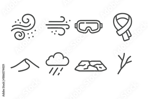 Sandstorm Icon Elements. Line style icons of sandstorm elements: swirling dust, gust of wind, protective goggles, scarf, sand dune