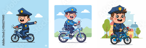 Cartoon Style Illustration of Policeman Riding Motorcycle with Various Backgrounds