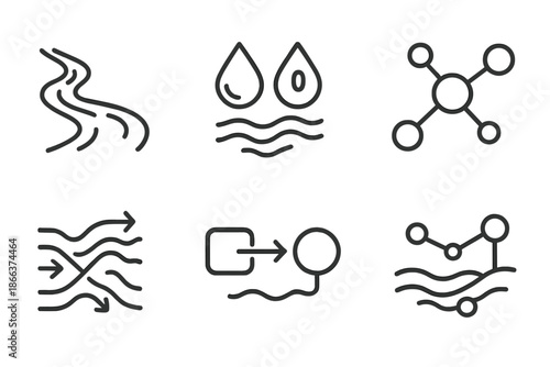 Data Flow Icons. Line style icons of data handoff streams: water vein, shared flow, binary droplets, network brook, current relay,