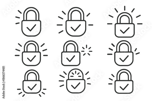Radiant Secure Icons. Line style icons of glowing confirmation locks: shining hasp, lighted latch, radiant closure, secure bolt,