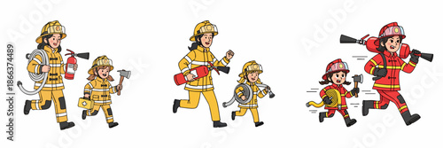 Cartoon Style Mother and Daughter Running as Firefighter Illustration Design