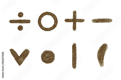 Prehistoric Math Icons. Line style icons of prehistoric math symbols: division mark, painted circle, pigment cross, earth-tone