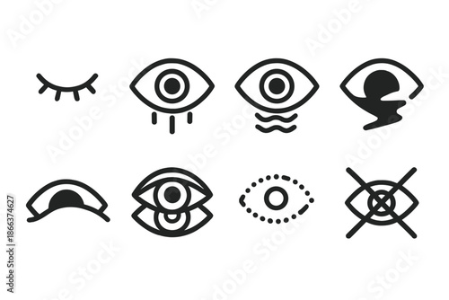 Line Style Icons. Line style icons of rapid visual burials: closing eye, sinking gaze, fading reflection, swift shadow, buried