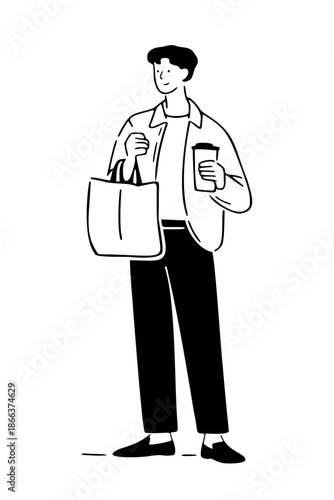 Minimal black-and-white line illustration of a young man standing casually, holding a tote bag and a takeaway coffee cup. Clean outline style with simple shapes on a white background.
