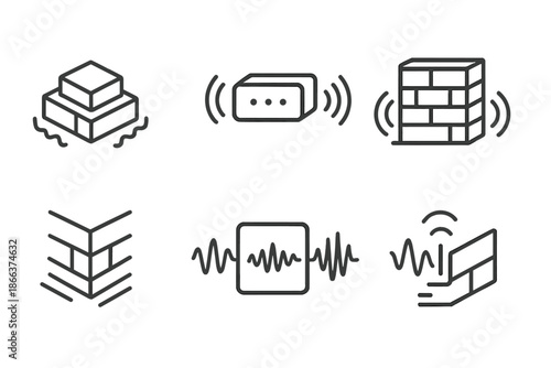 Architectural Vibrations Icons. Line style icons of cornerstone vibrations: trembling base, pulsing brick, resonant foundation,