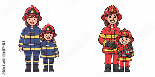 Cartoon Style Illustration of Female Firefighter and Daughter in Uniform