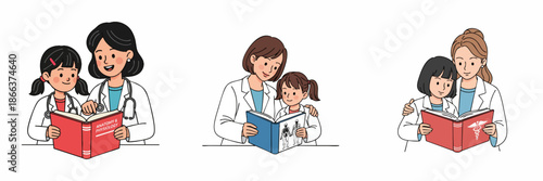 Cute Handdrawn Mother Doctor and Daughter Reading Book Together Illustration