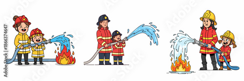 Cartoon Handdrawn Firefighter Characters Extinguishing Fire Set Illustration