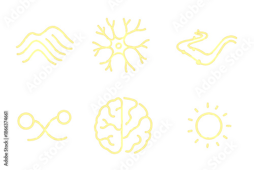 Glowing Neural Patterns. Line style icons of glowing neural fold charts: bright ridge, illuminated neuron web, lighted pathway,
